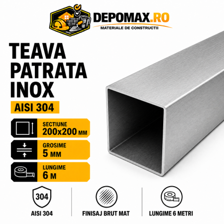 Teava patrata inox AISI 304, 200 x 200 x 5 mm, 6 metri